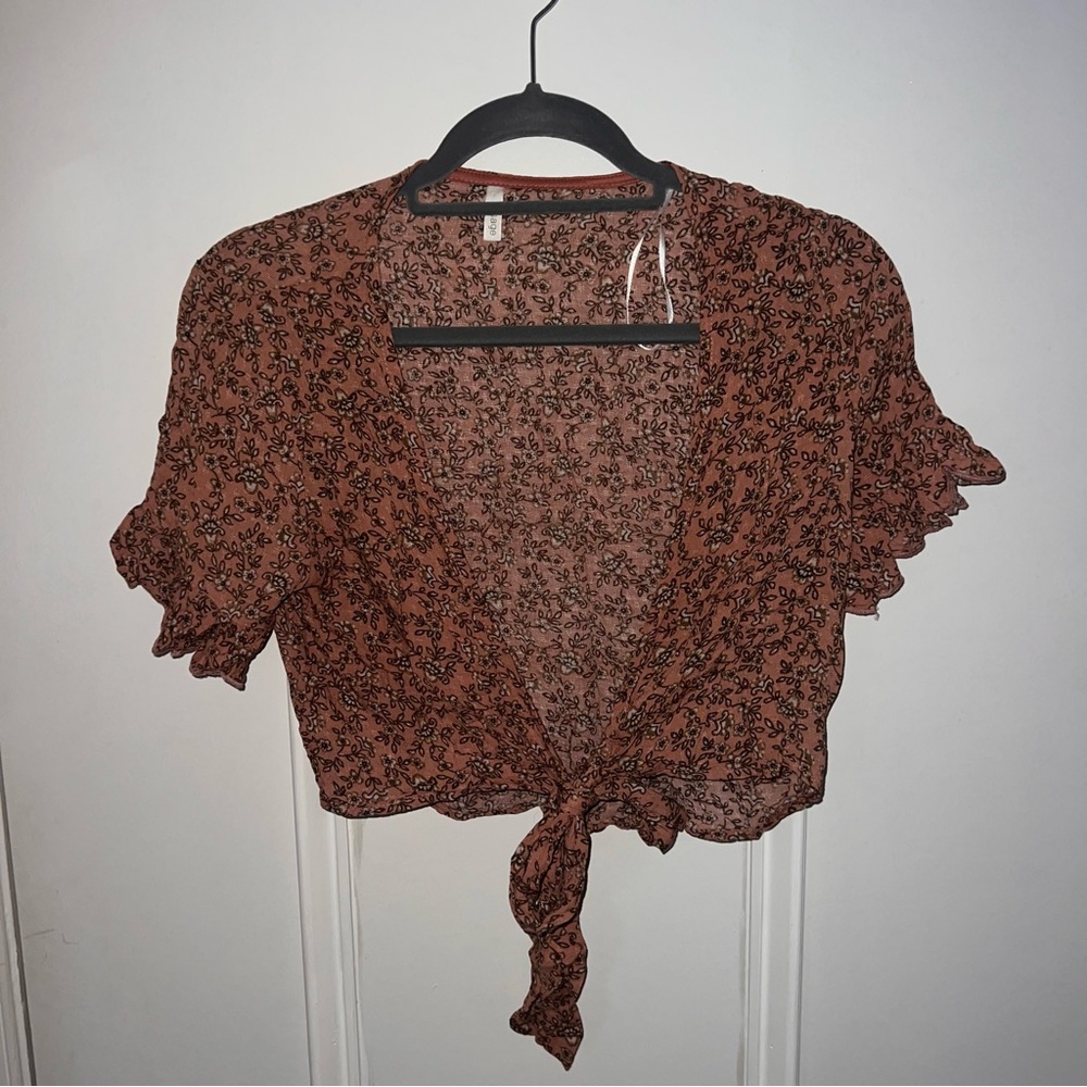 Sage Brown Floral Tie-Front Blouse